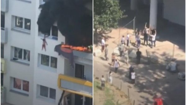 ДЕЧАЦИ СКОЧИЛИ СА ТРЕЋЕГ СПРАТА: Бежали од пожара, ухватиле их комшије - све као на филму! (ВИДЕО)
