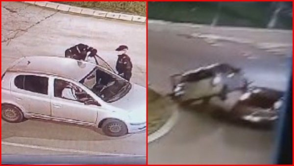 ЗАСТРАШУЈУЋИ СНИМАК СА НОВОГ БЕОГРАДА: Дао гас и вукао полицајца, па ударио у друго возило и замало се преврнуо (ВИДЕО)