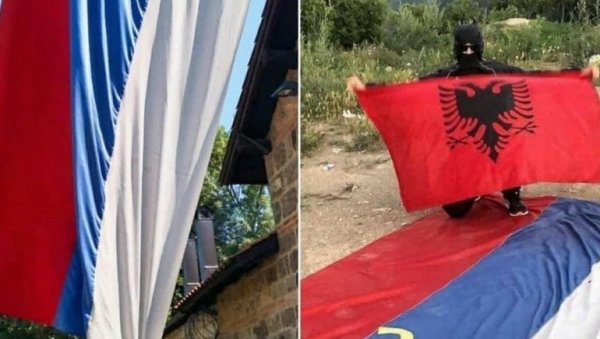 АЛБАНЦИ ОСКРНАВИЛИ ТРОБОЈКУ: Украдена застава са врата Грачанице, објављене срамне фотографије