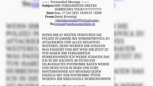 PROKLETA ĐUBRAD SRPSKI NAROD: Pogledajte šta piše u jezivom mejlu koji je Albanac poslao ambasadi Srbije u Bernu