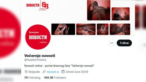 HAKOVAN TVITER NALOG VEČERNJIH NOVOSTI: Onemogućen pristup profilu sa više od 100.000 pratilaca