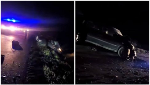 DELOVI KOLA NA ASFALTU: Teška saobraćajna nesreća na putu Novi Bečej-Kumane, auto sleteo, strahuje se da ima povređenih! (VIDEO)
