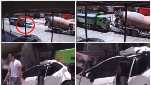 ZA RUBRIKU VEROVALI, ILI NE Pažljivo pogledajte snimak: Auto je smrskan između kamiona i mešalice, a vozač - nepovređen! (VIDEO)