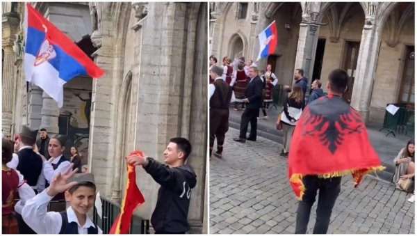 СРАМОТА У СРЦУ ЕВРОПЕ: Српска деца растерана са трга у Бриселу - младићи раширили албанску заставу и показивали симбол орла (ВИДЕО)