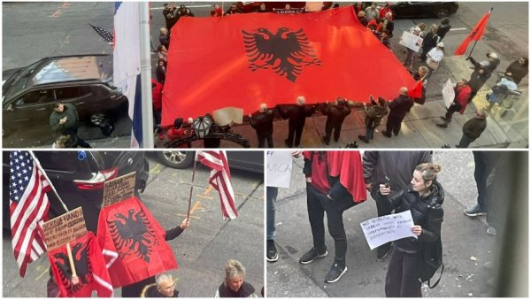 АЛБАНСКА ПРОВОКАЦИЈА ИСПРЕД СРПСКЕ МИСИЈЕ У ЊУЈОРКУ: Скандалозне поруке - призивали нову агресију и славили велику Албанију (ФОТО/ВИДЕО)