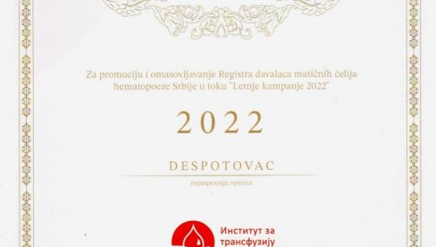 REKORDERI HUMANOSTI: Dijamantska plaketa opštini Despotovac (FOTO)