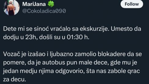 ШТА НАС БОЛИ К**** ЗА ДЕЦУ Блокадери зауставили аутобус пун малишана, многи стигли кућама тек касно у ноћ (ФОТО)