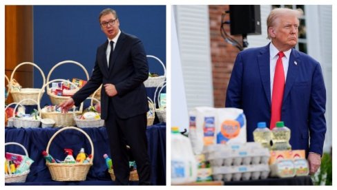 NE RAZUMEJU LIDERE KOJI GOVORE JEZIKOM NARODA: Lažna elita sa N1 ismeva Vučića zbog korpi sa proizvodima - Iako je isto radio i Tramp (FOTO)