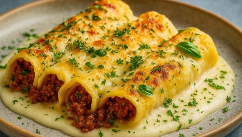 ZAPEČENE PALAČINKE SA MESOM I BELIM SOSOM: Recept za mekane palačinke, sočan fil, kremasti sos i zlatnu koricu