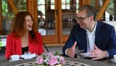 РАЗГОВОР УЗ КАФУ И КРОФНЕ Вучић: Задовољство ми је што сам угостио холивудску глумицу Лолиту Давидовић и њеног супруга
