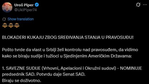 BLOKADERI KUKAJU ZBOG SREĐIVANJA STANJA U PRAVOSUĐU Piper objasnio: Tvrde da vlast u Srbiji želi kontrolu nad pravosuđem