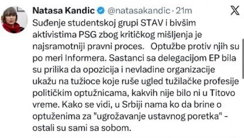 НАТАША КАНДИЋ НА СТРАНИ БЛОКАДЕРА: Подржала клечање пред Пицулом и Пребиличем