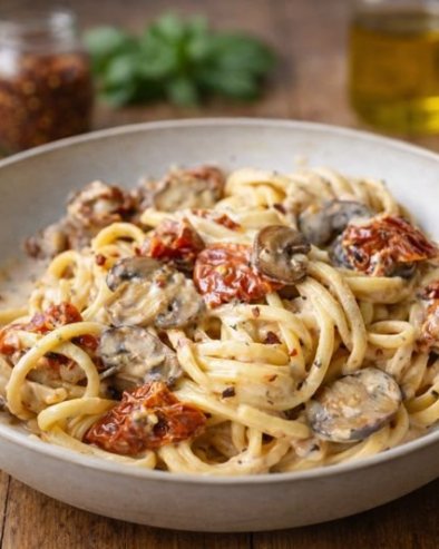 КРЕМАСТА ПАСТА СА ПЕЧУРКАМА И СУШЕНИМ ПАРАДАЈЗОМ: Италијански класик готов за 20 минута