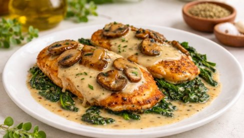 СОЧНА ПИЛЕТИНА СА СПАНАЋЕМ И ПЕЧУРКАМА: Осваја на први залогај