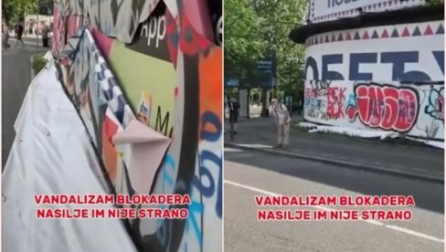 DIVLJANJE BLOKADERA BEZ GRANICA: Kao hijene nasrnuli na transparent Srbija pobeđuje (VIDEO)