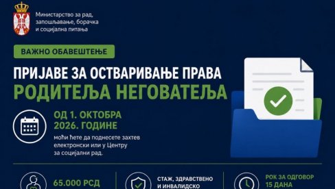 ОД 1. ОКТОБРА ПРИЈАВА ЗА СТАТУС РОДИТЕЉА НЕГОВАТЕЉА: Месечна накнада 65.000 динара уз порезе и доприносе