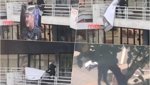 SRAMNA AKCIJA BLOKADERA U VALJEVU: Skinuli baner posvećen generalu Mladiću, još jednom pokazali svoju antisrpsku politiku (VIDEO)