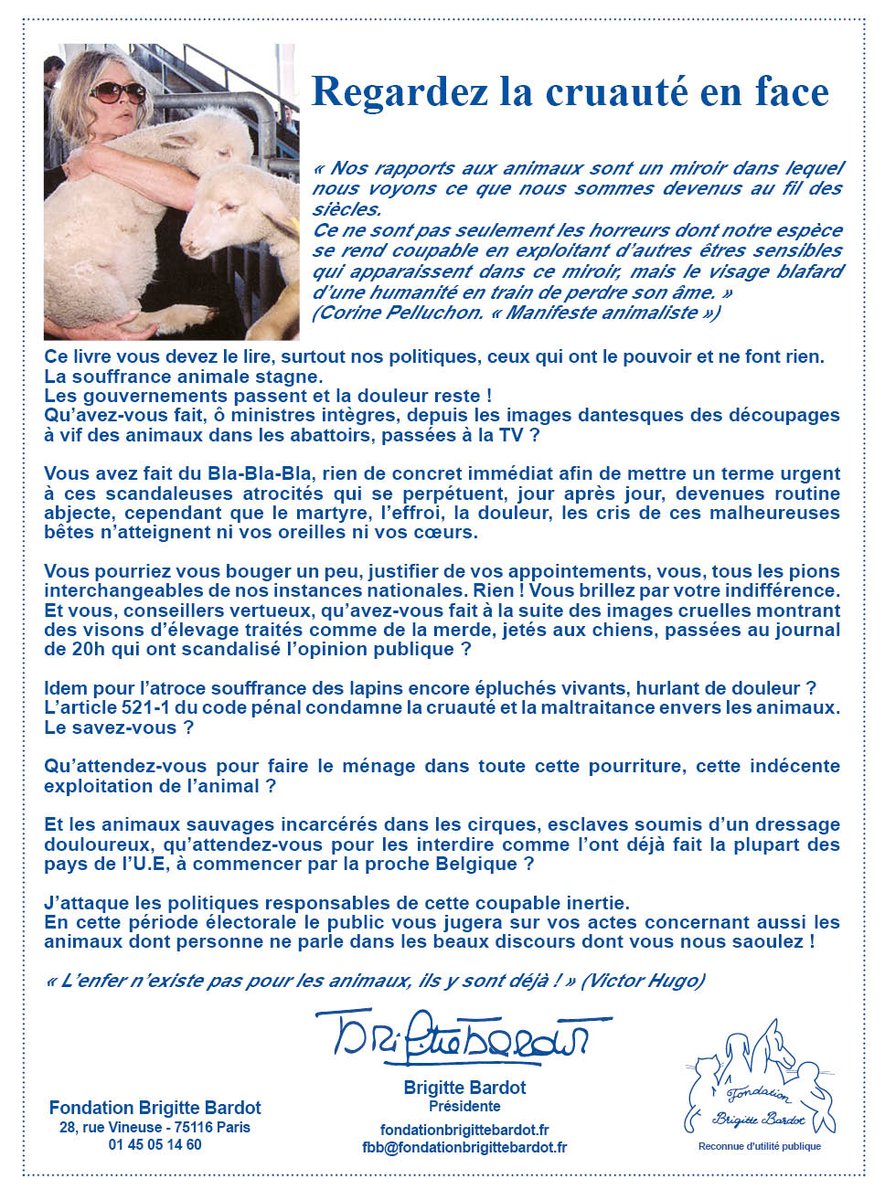 Брижит Бардо прозвала француске политичаре због патњи животиња