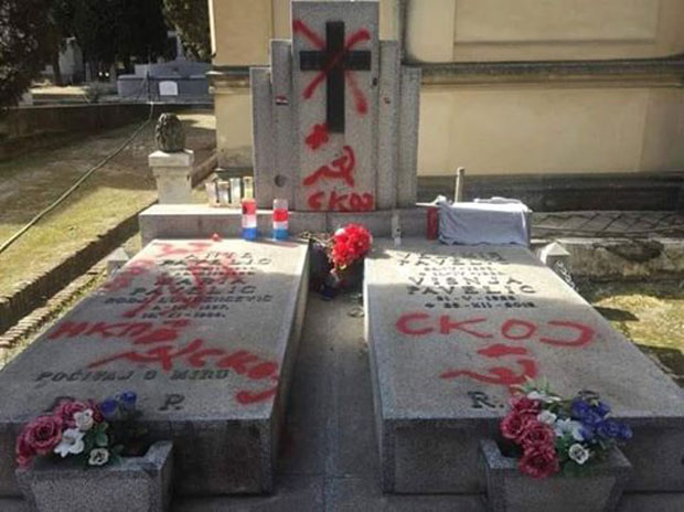 СИМБОЛИ КОМУНИЗМА ОСНИВАЧУ НДХ: Црвена ћирилица на гробу Павелића