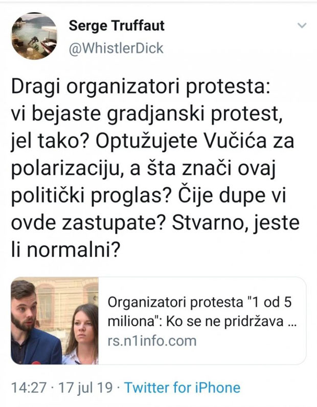 Сергеј Трифуновић жестоко по организаторима протеста “1 од 5 милиона”: Чије д*пе ви овде заступате?! 