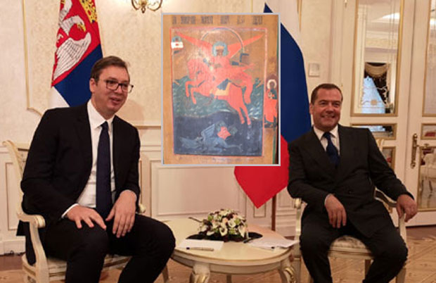 НОВОСТИ САЗНАЈУ: Медведеву икона која је симбол победе добра над злом; Вучић добио књигу и вино (ФОТО)