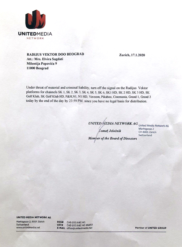Новости сазнају: Јунајтед медија захтевала прекид емитовања Н1 корисницима Радијус вектора (ФОТО)