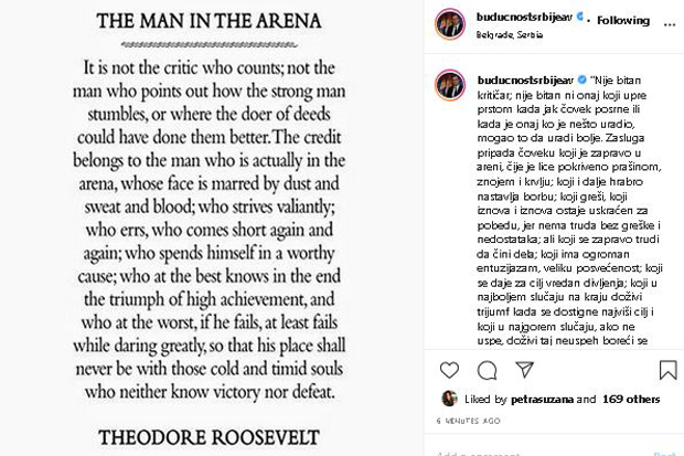 Заслуга припада човеку чије је лице покривено прашином, знојем и крвљу: Рузвелтовим цитатом Вучић одговорио опонентима