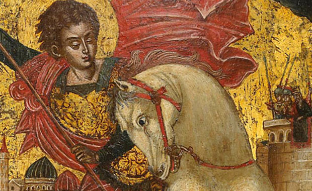 На белом коњу, с копљем којим убија аждају, осликан тек од краја 11. века: Свети Ђорђе тек на Балкану постао витез коњаник