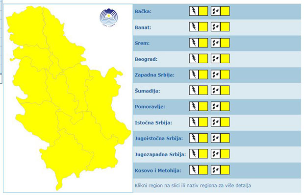 На територији целе Србије упаљен жути метеоаларм